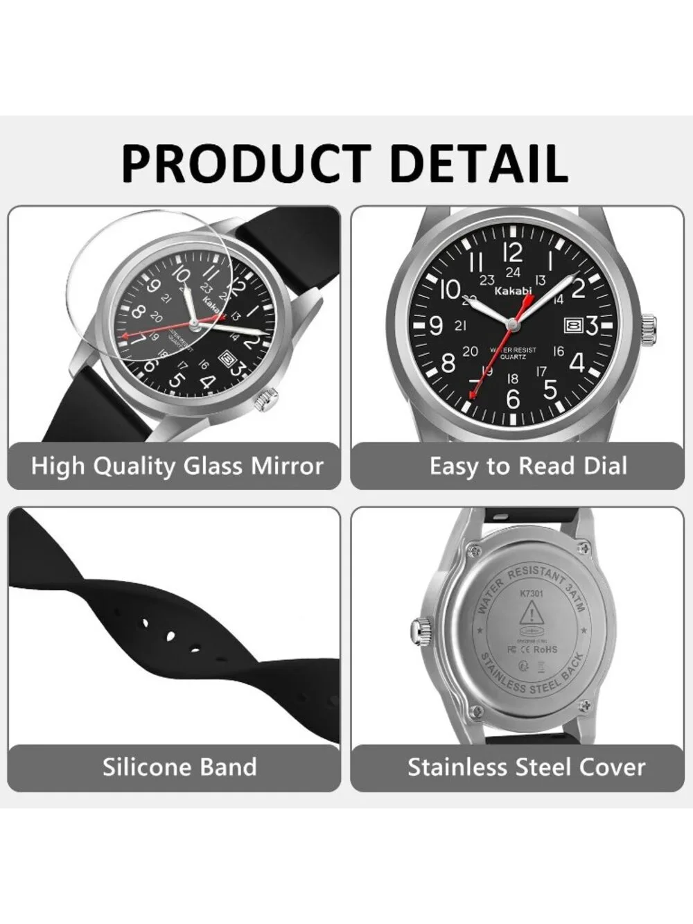 Mens Black Silver Comfortable Silicone Strap Unisex Military Analog Casual Watch